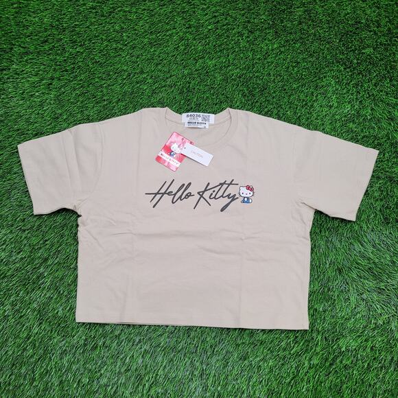 Hello-Kitty Crop-Top Shirt Womens M/L 19x17 Sanrio Spellout Ivory - Picture 1 of 14
